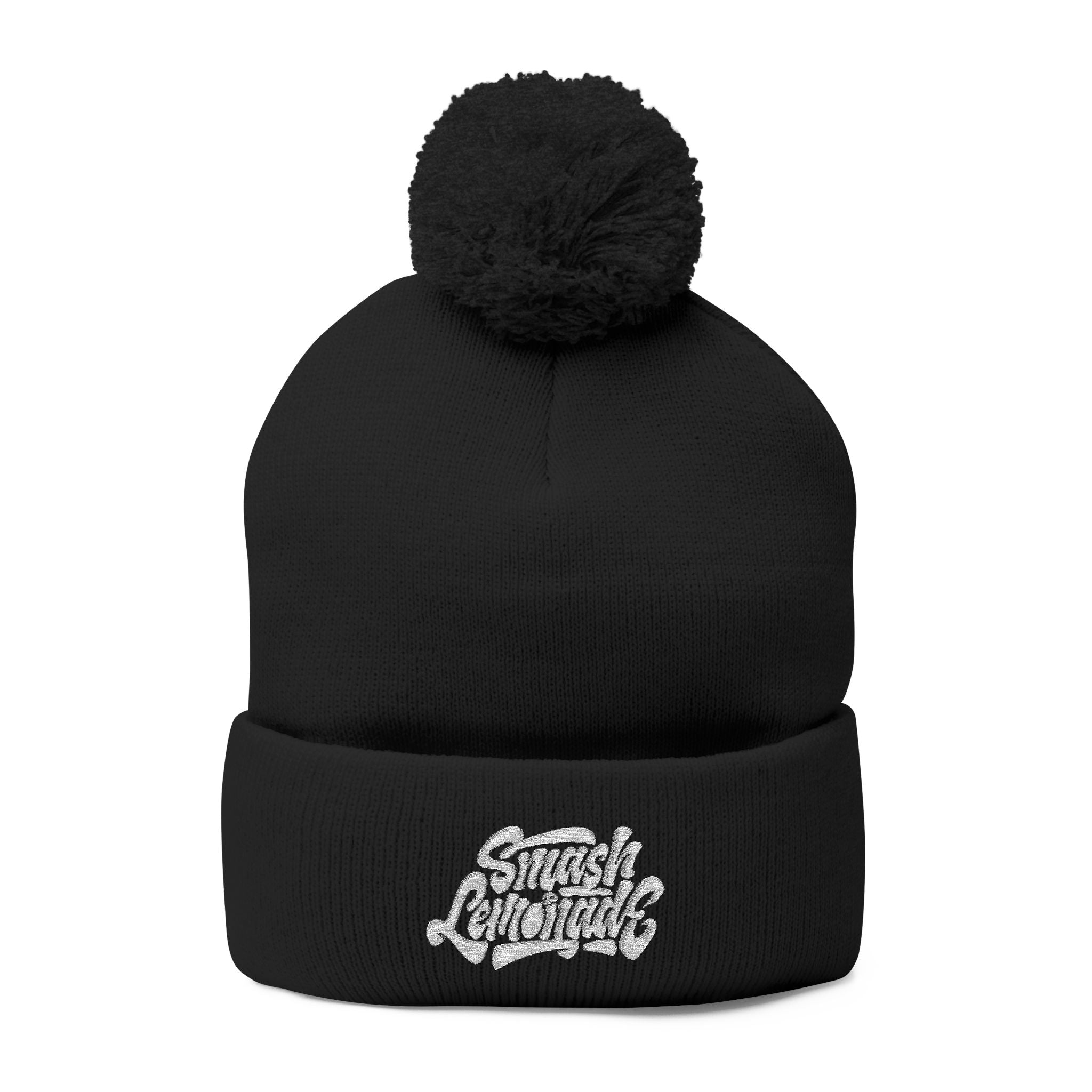 Embroidered Pom-Pom Knit Beanie — Cozy Winter Hat with Script Logo