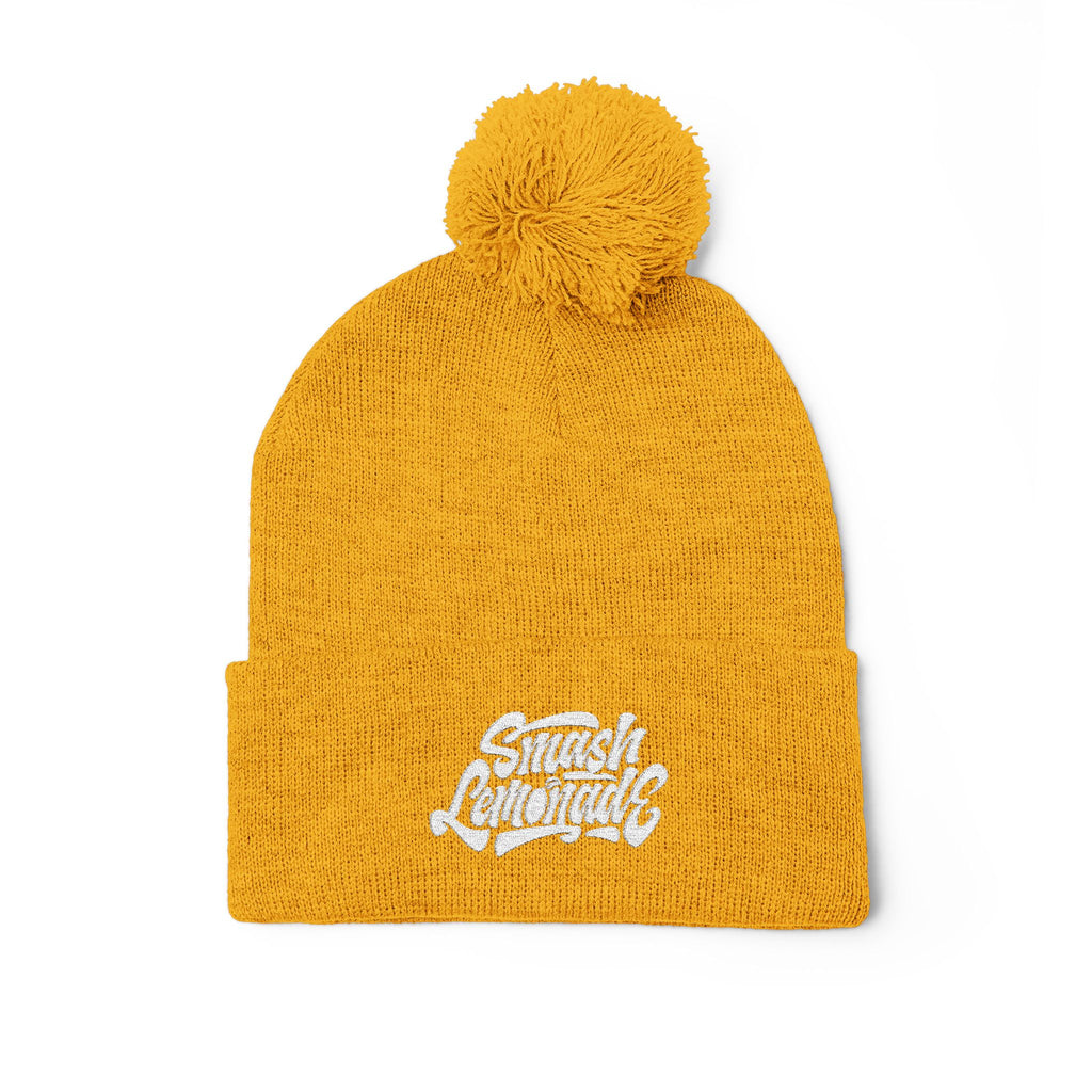 Embroidered Pom-Pom Knit Beanie — Cozy Winter Hat with Script Logo
