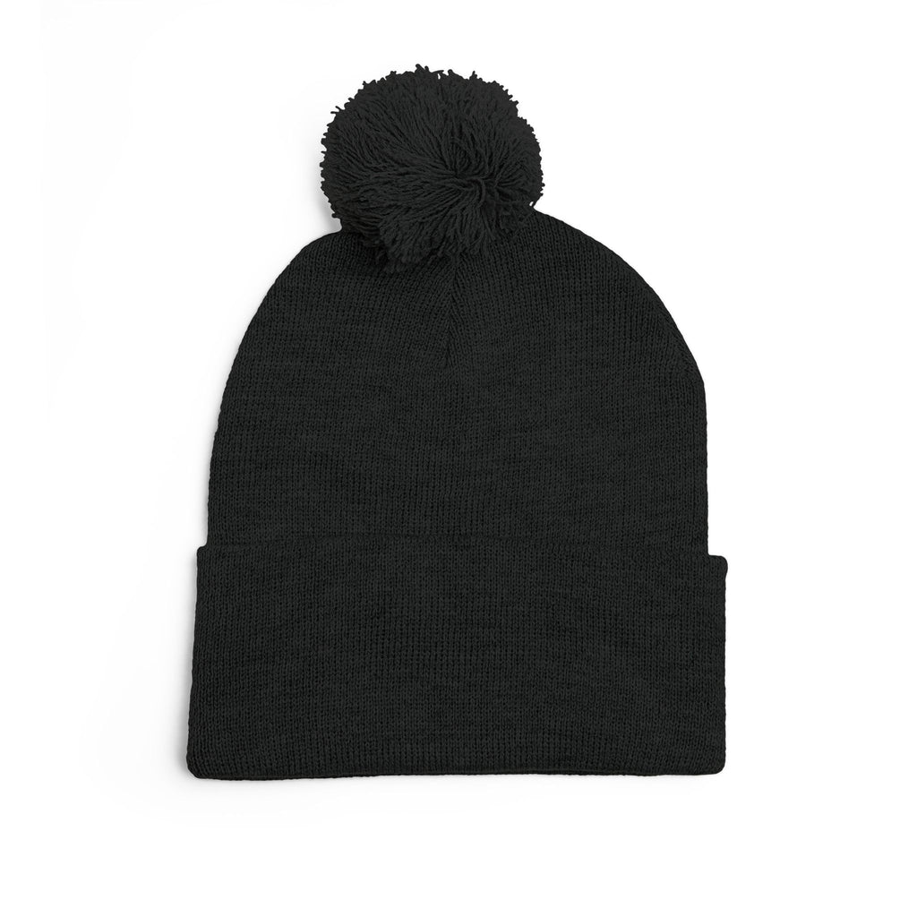 Embroidered Pom-Pom Knit Beanie — Cozy Winter Hat with Script Logo