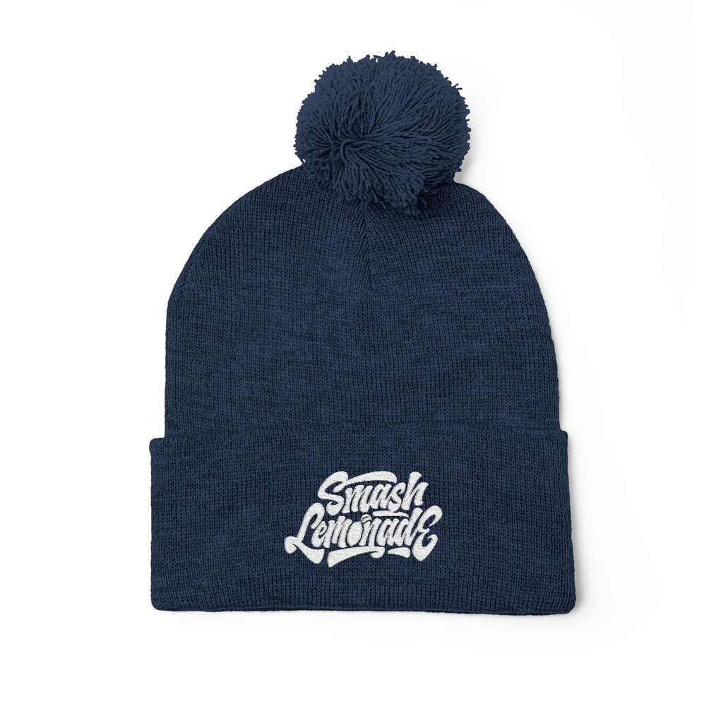 Embroidered Pom-Pom Knit Beanie — Cozy Winter Hat with Script Logo