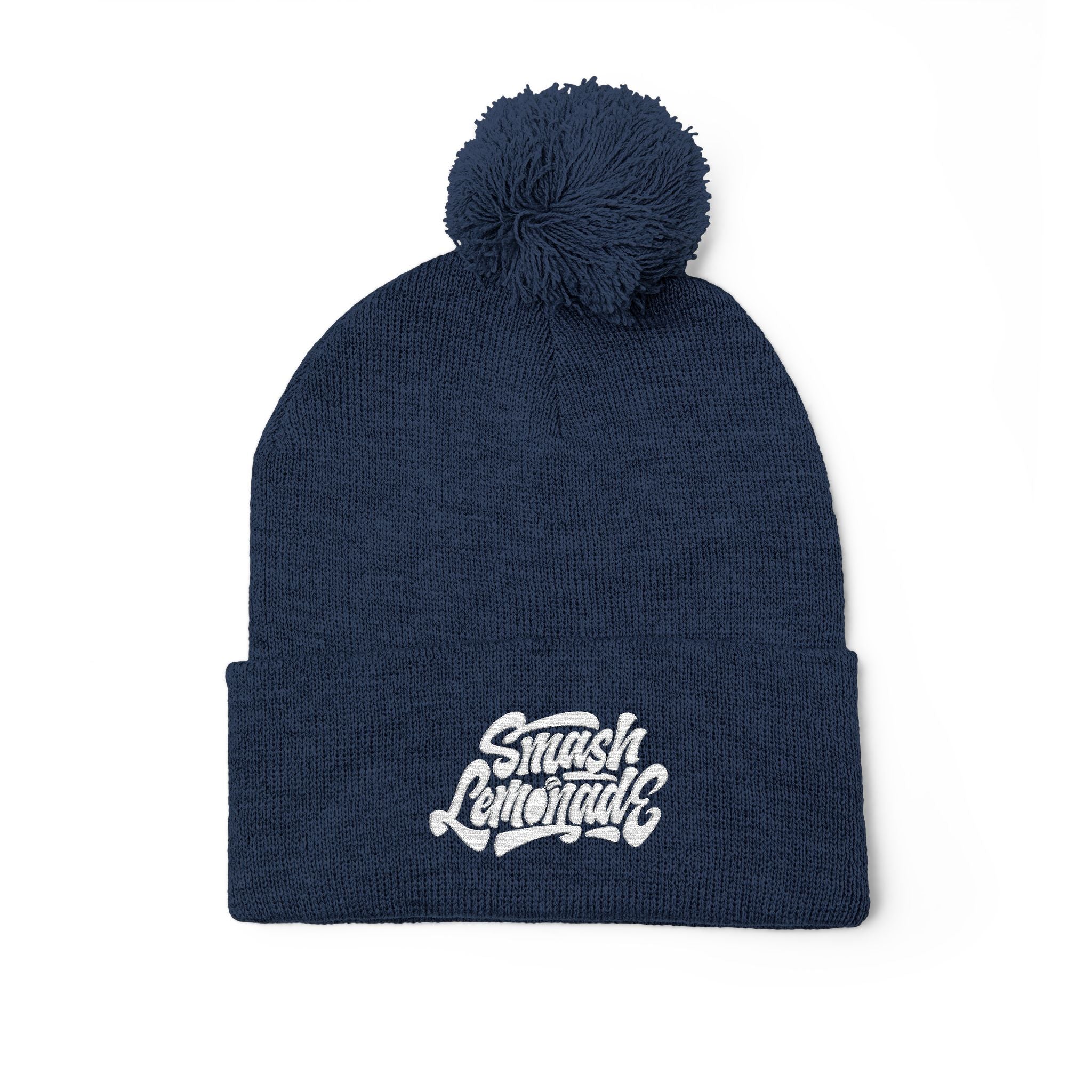 Embroidered Pom-Pom Knit Beanie — Cozy Winter Hat with Script Logo