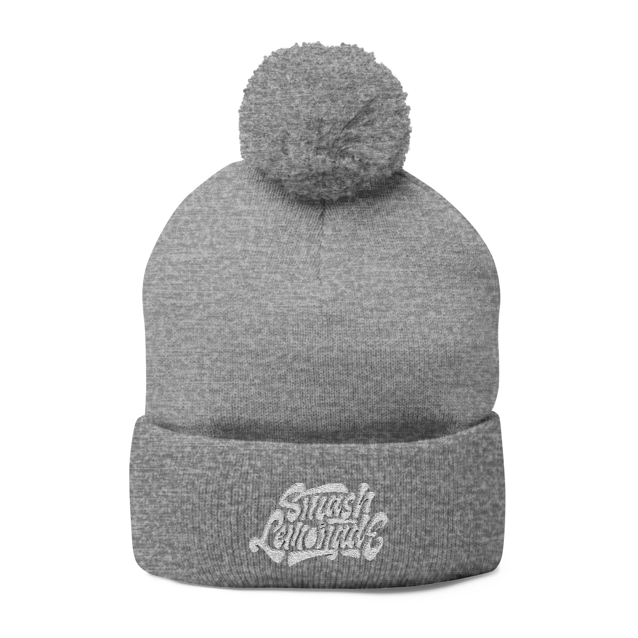 Embroidered Pom-Pom Knit Beanie — Cozy Winter Hat with Script Logo