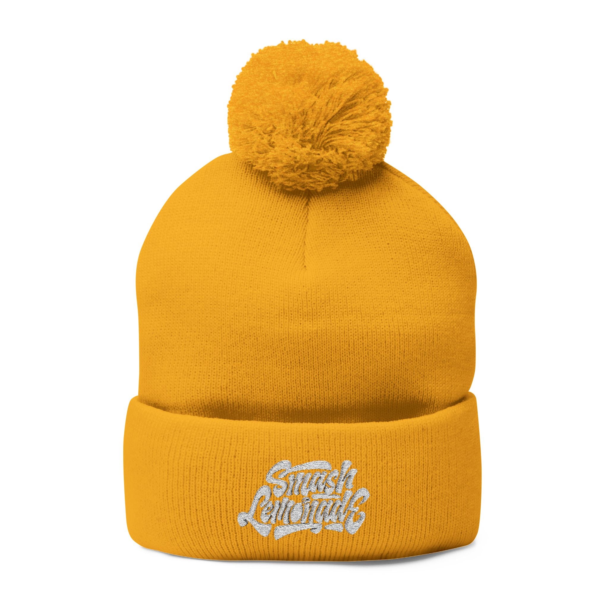Embroidered Pom-Pom Knit Beanie — Cozy Winter Hat with Script Logo