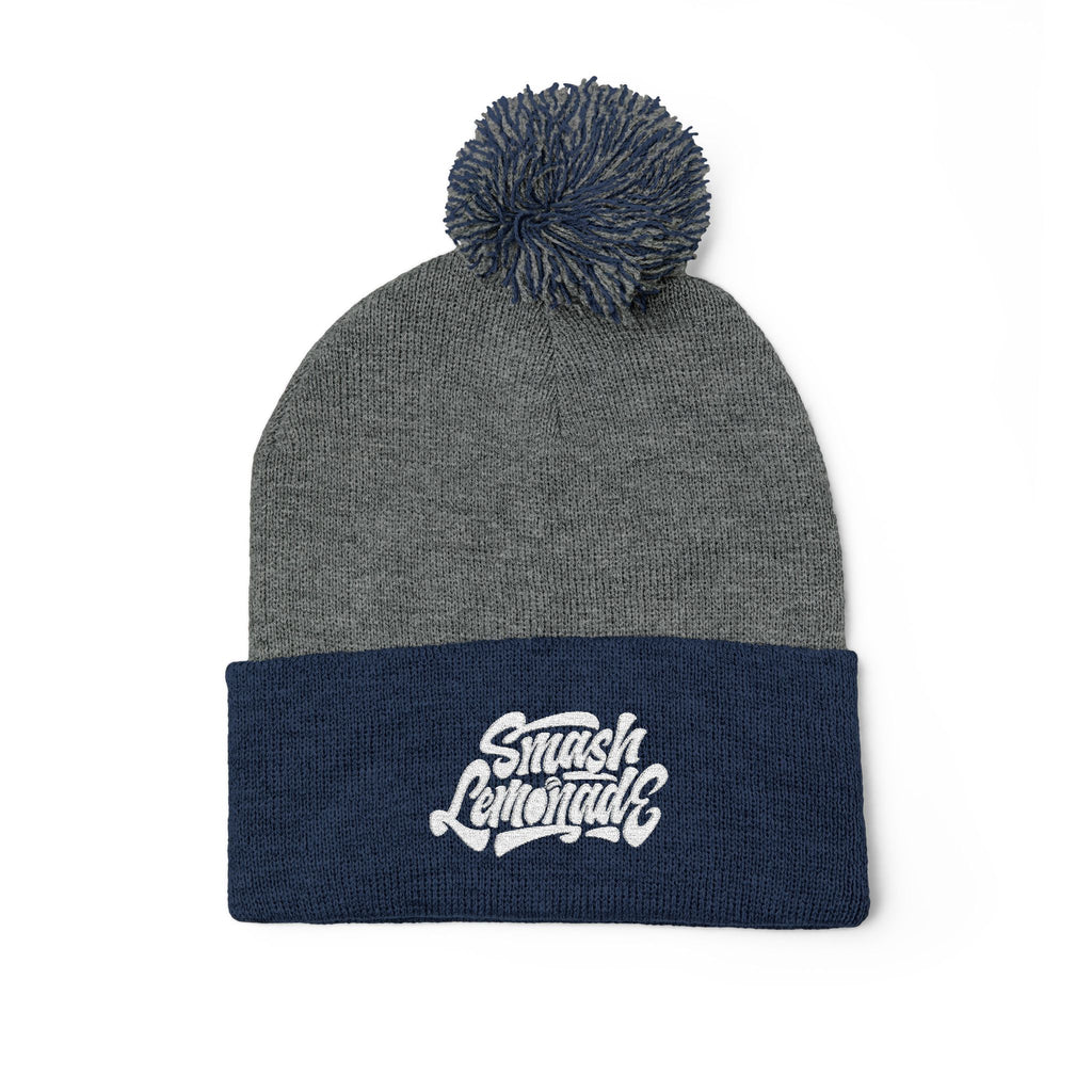 Embroidered Pom-Pom Knit Beanie — Cozy Winter Hat with Script Logo