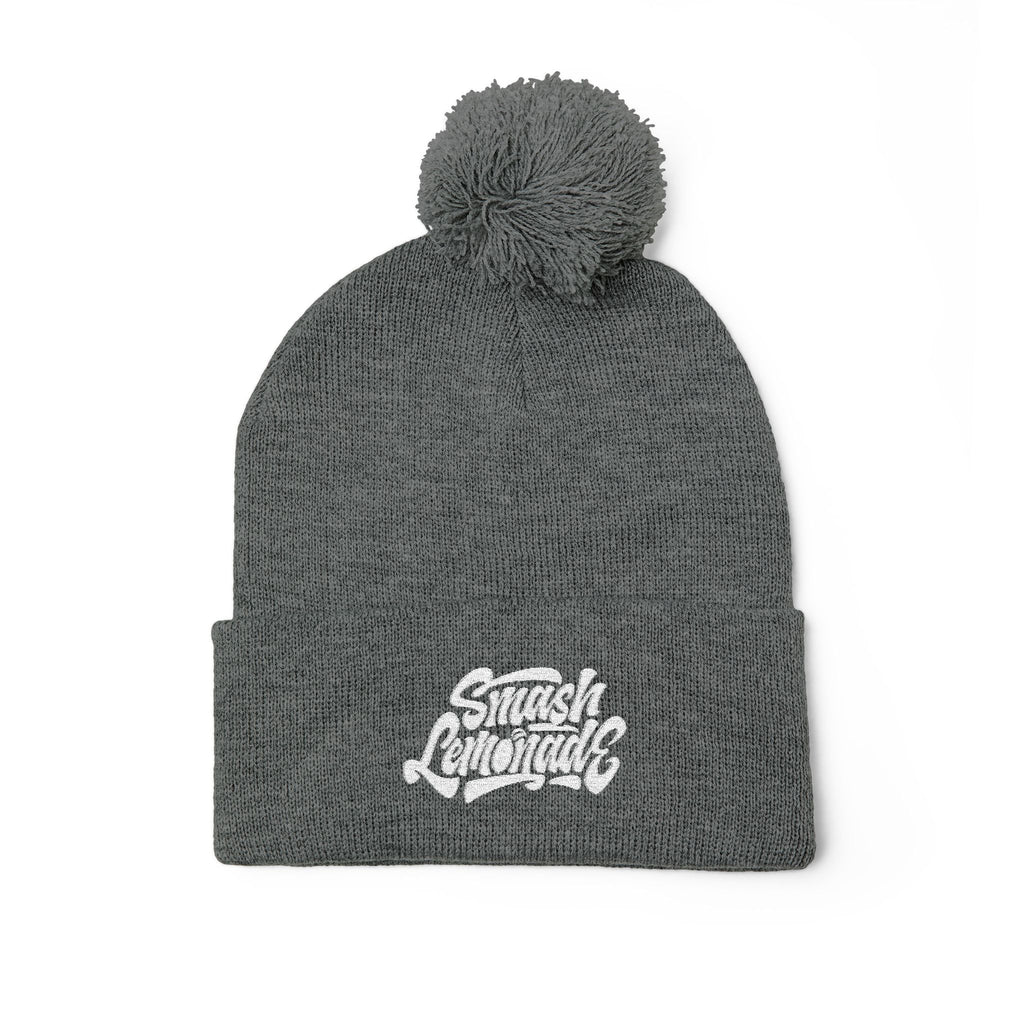 Embroidered Pom-Pom Knit Beanie — Cozy Winter Hat with Script Logo