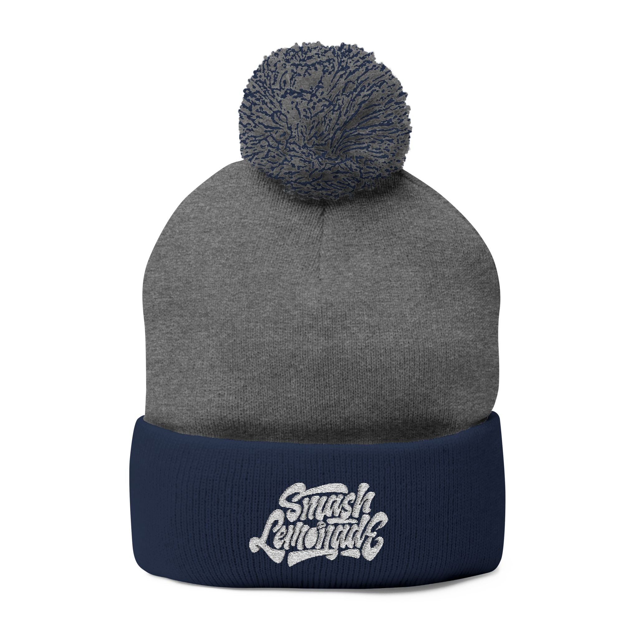 Embroidered Pom-Pom Knit Beanie — Cozy Winter Hat with Script Logo