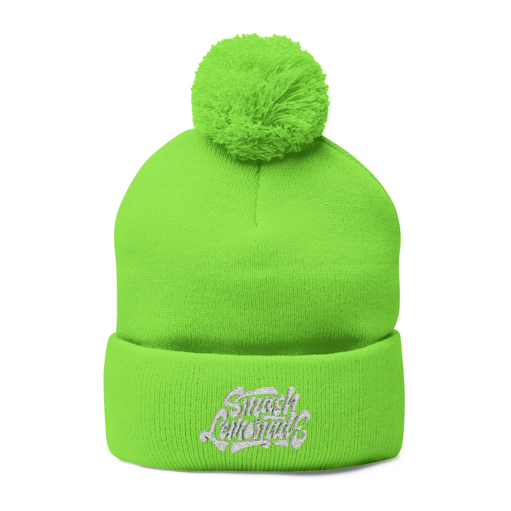 Embroidered Pom-Pom Knit Beanie — Cozy Winter Hat with Script Logo