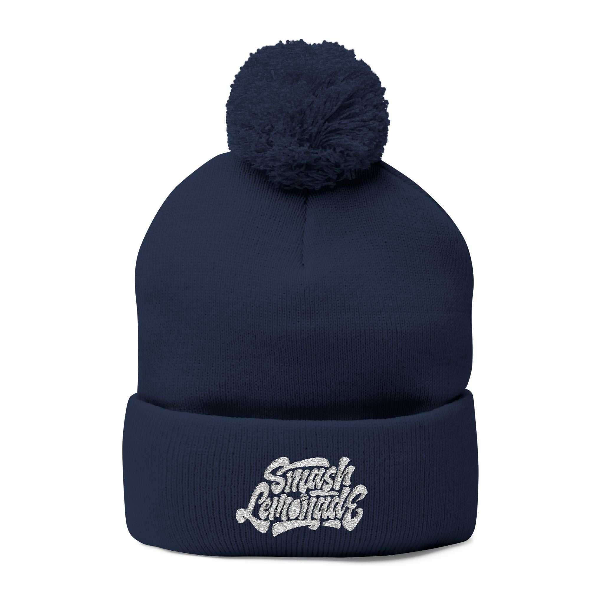 Embroidered Pom-Pom Knit Beanie — Cozy Winter Hat with Script Logo
