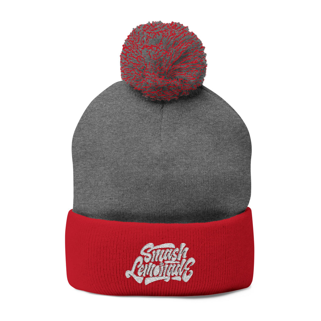 Embroidered Pom-Pom Knit Beanie — Cozy Winter Hat with Script Logo