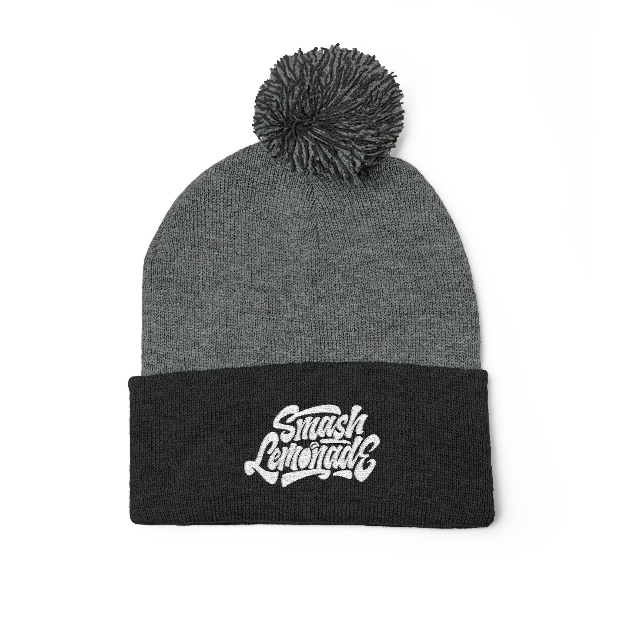 Embroidered Pom-Pom Knit Beanie — Cozy Winter Hat with Script Logo