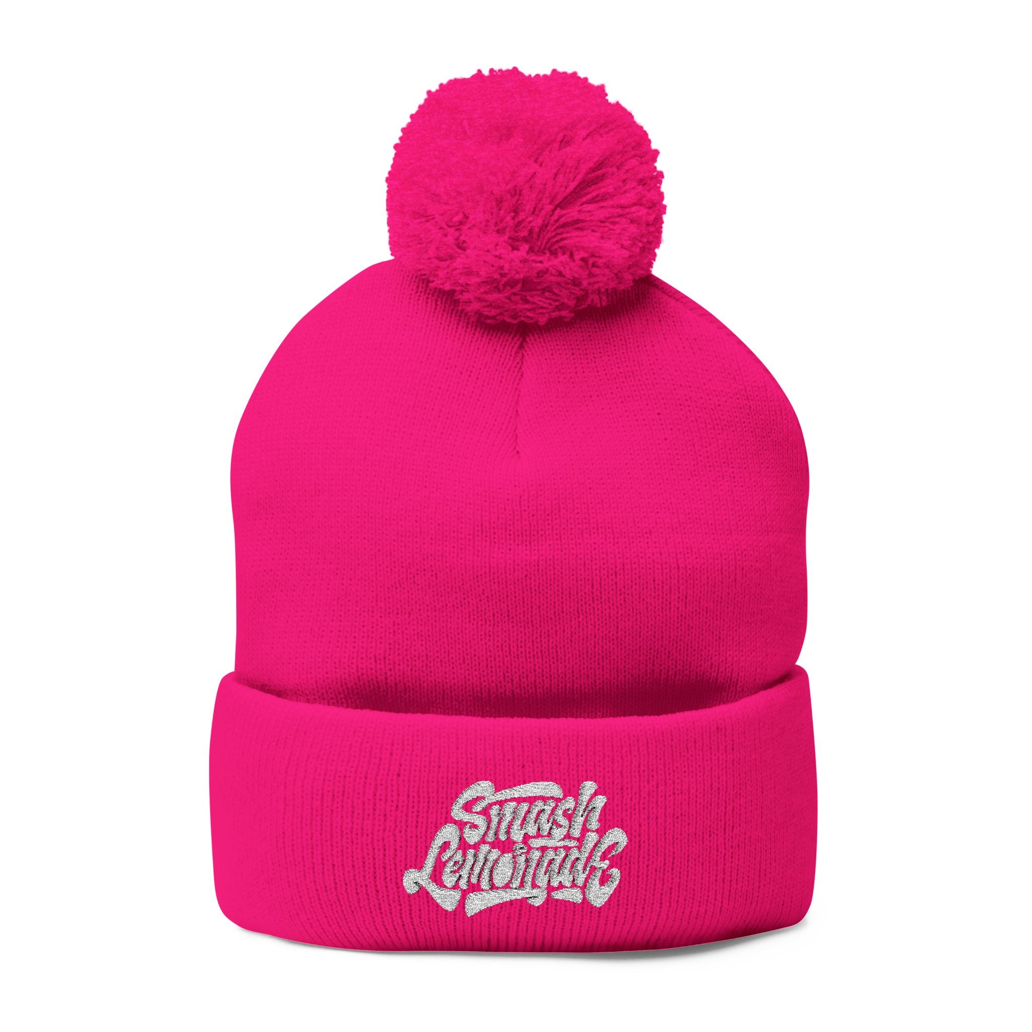 Embroidered Pom-Pom Knit Beanie — Cozy Winter Hat with Script Logo