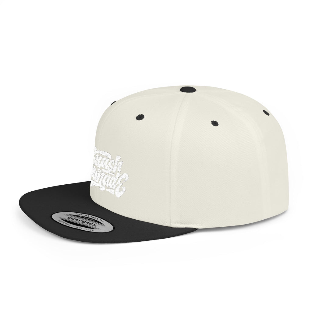White Flat Bill Snapback Cap with Script Logo — Street Style Adjustable Hat