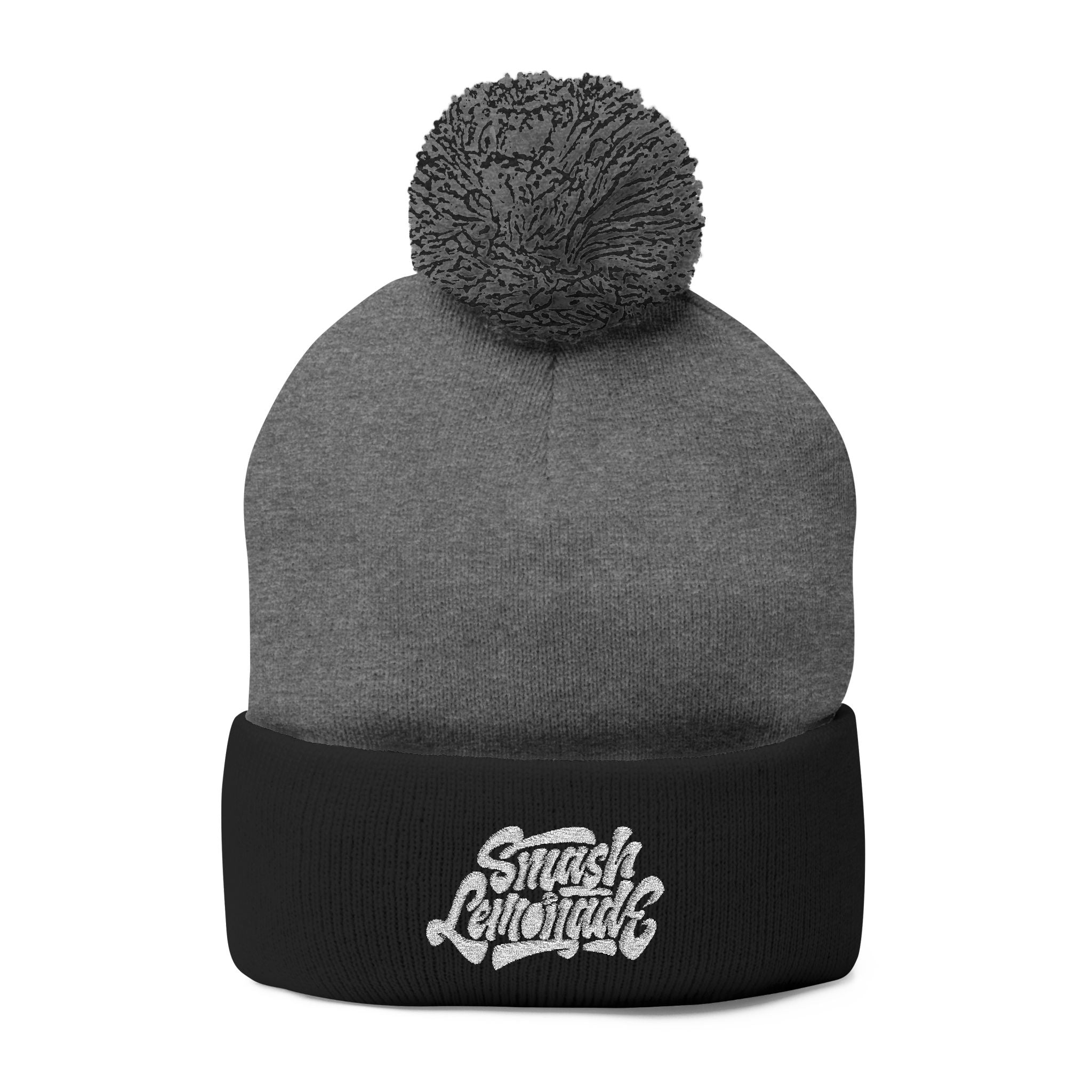 Embroidered Pom-Pom Knit Beanie — Cozy Winter Hat with Script Logo