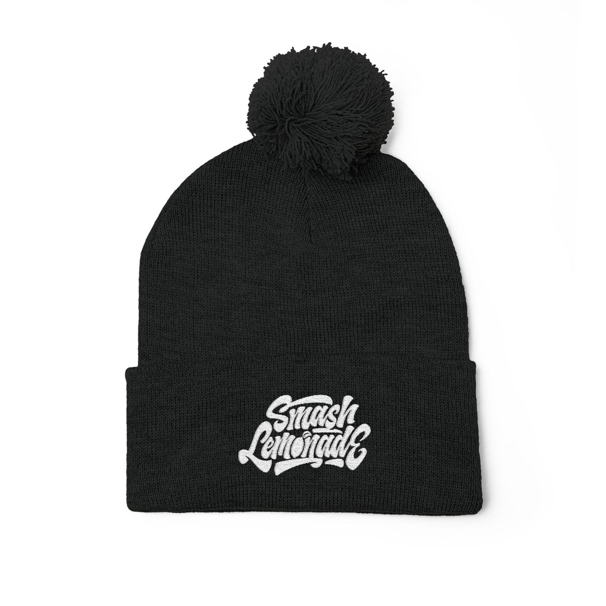Embroidered Pom-Pom Knit Beanie — Cozy Winter Hat with Script Logo