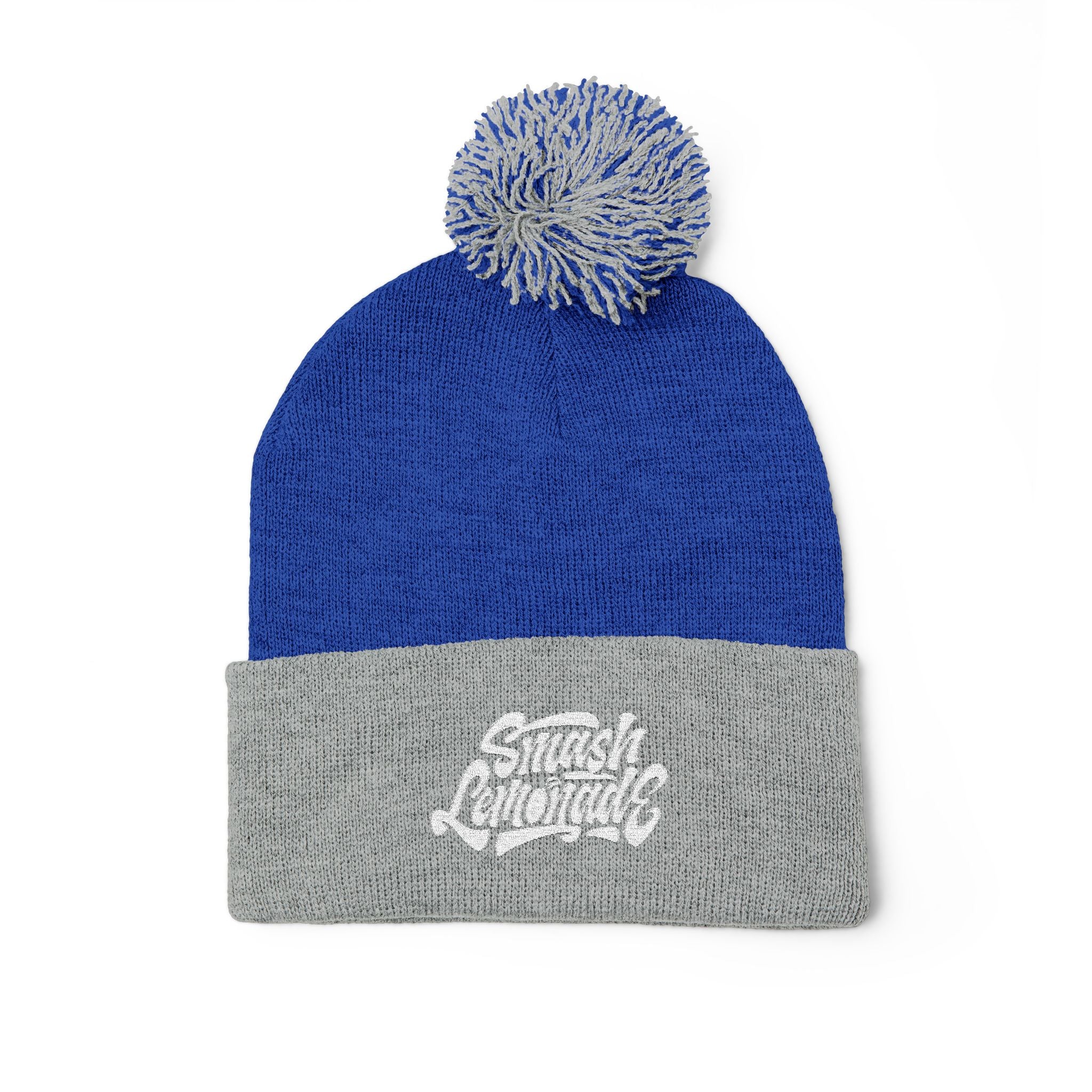 Embroidered Pom-Pom Knit Beanie — Cozy Winter Hat with Script Logo
