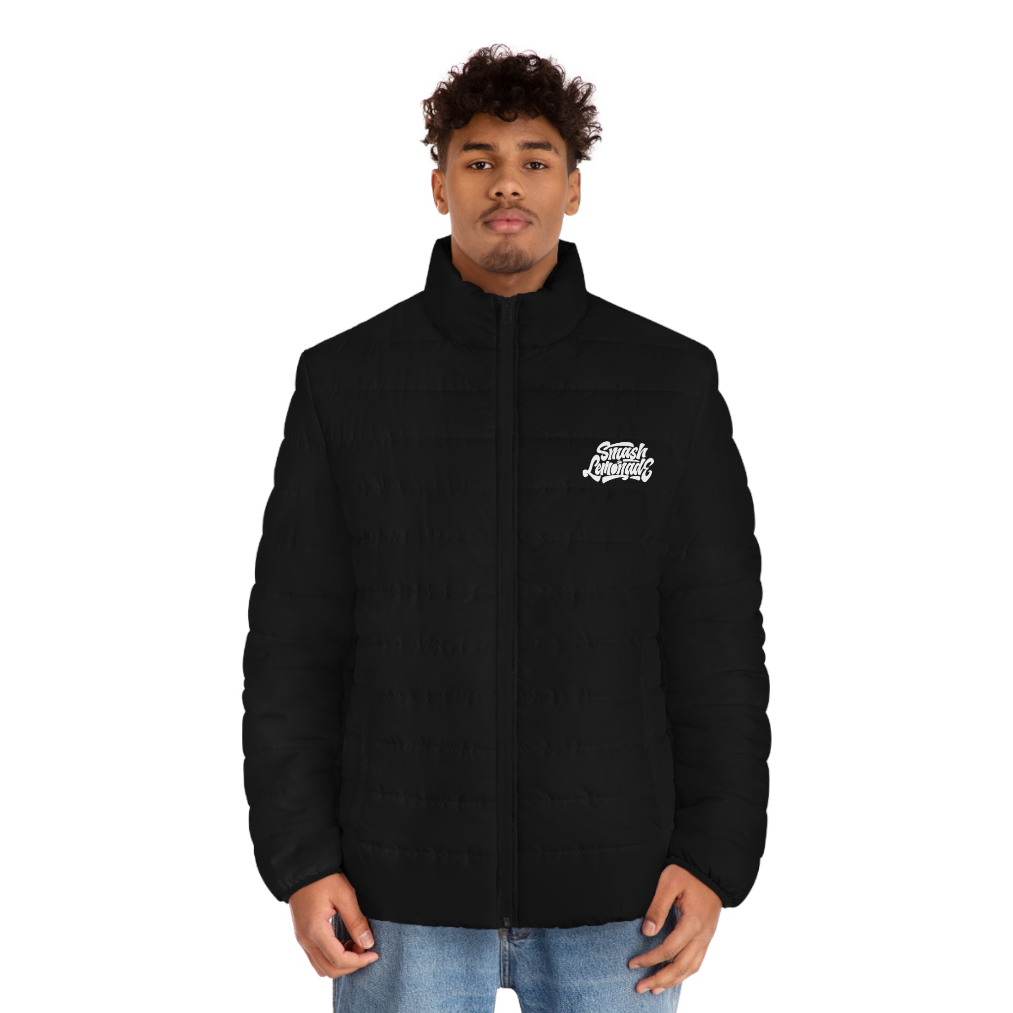 Men's Black Puffer Jacket — Street Logo Quilted Insulated Coat