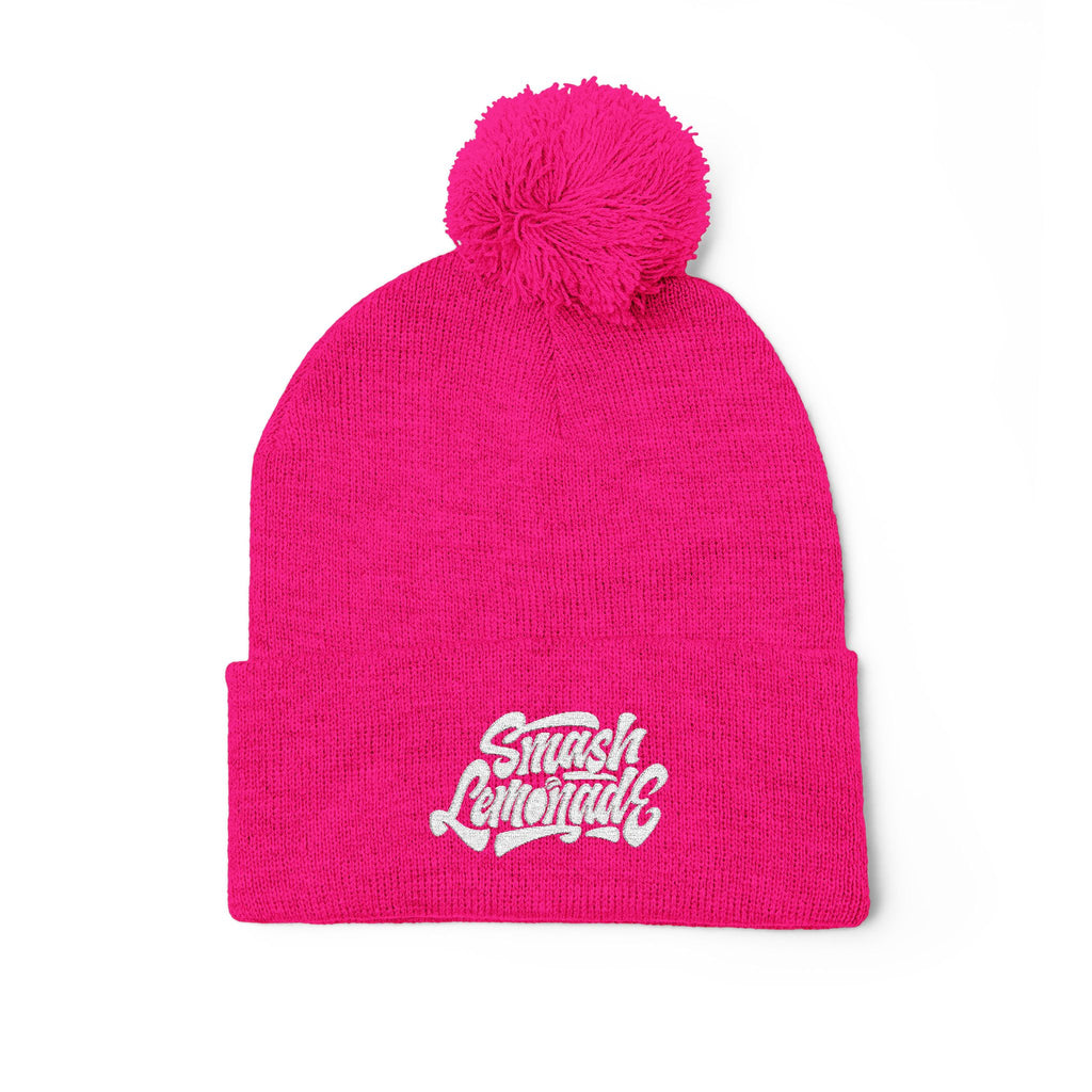 Embroidered Pom-Pom Knit Beanie — Cozy Winter Hat with Script Logo