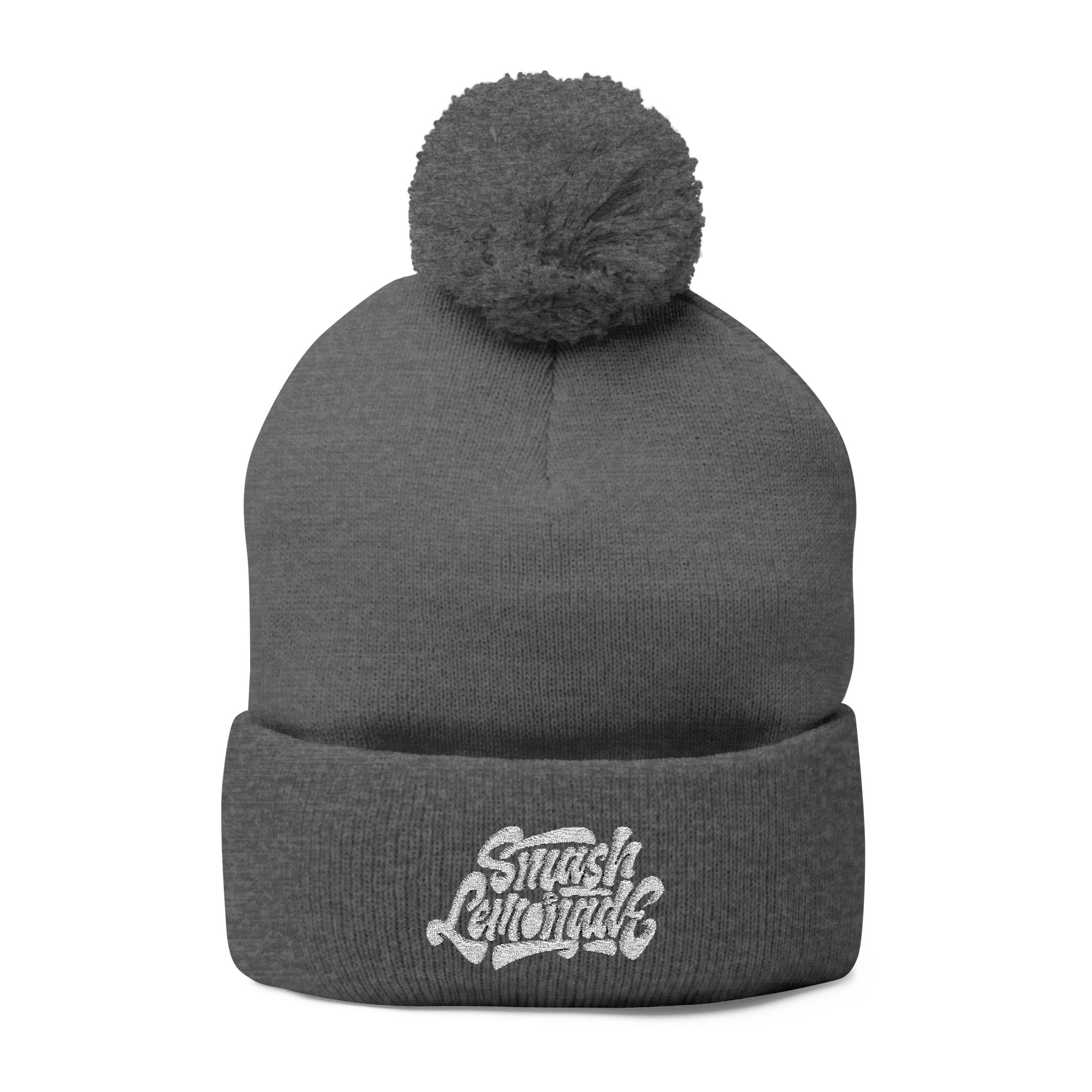 Embroidered Pom-Pom Knit Beanie — Cozy Winter Hat with Script Logo