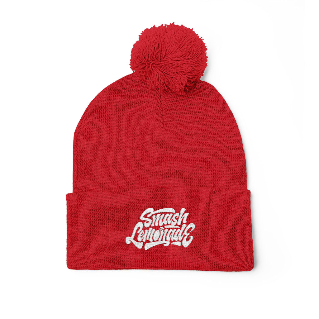 Embroidered Pom-Pom Knit Beanie — Cozy Winter Hat with Script Logo