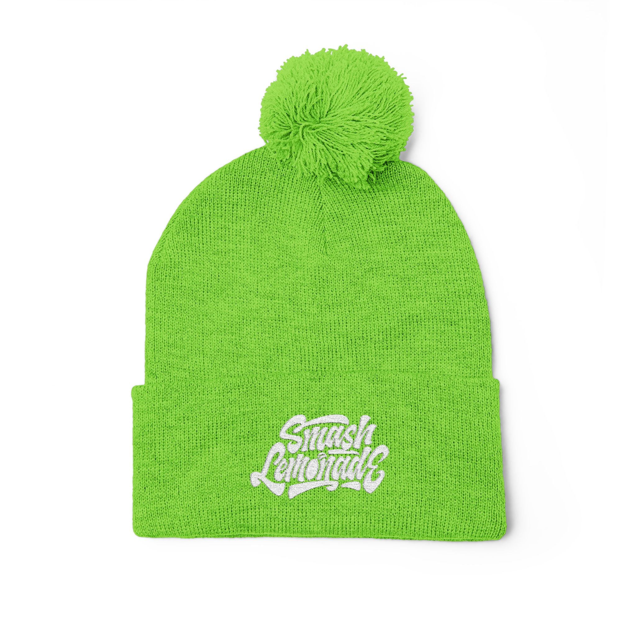 Embroidered Pom-Pom Knit Beanie — Cozy Winter Hat with Script Logo