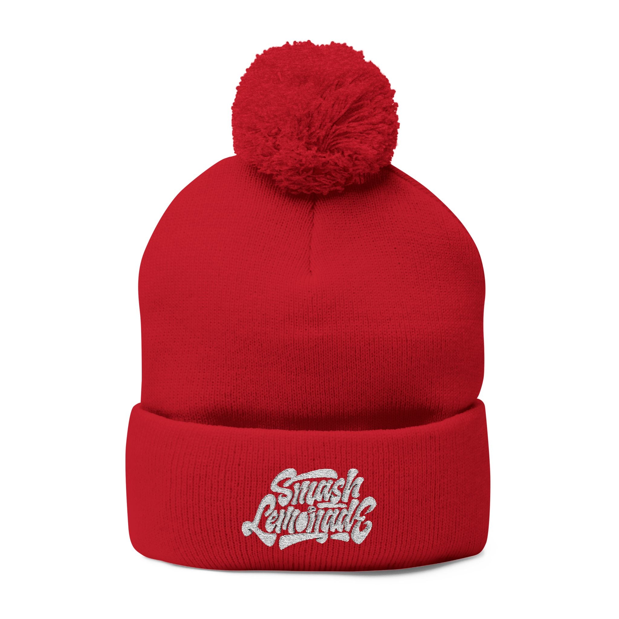 Embroidered Pom-Pom Knit Beanie — Cozy Winter Hat with Script Logo