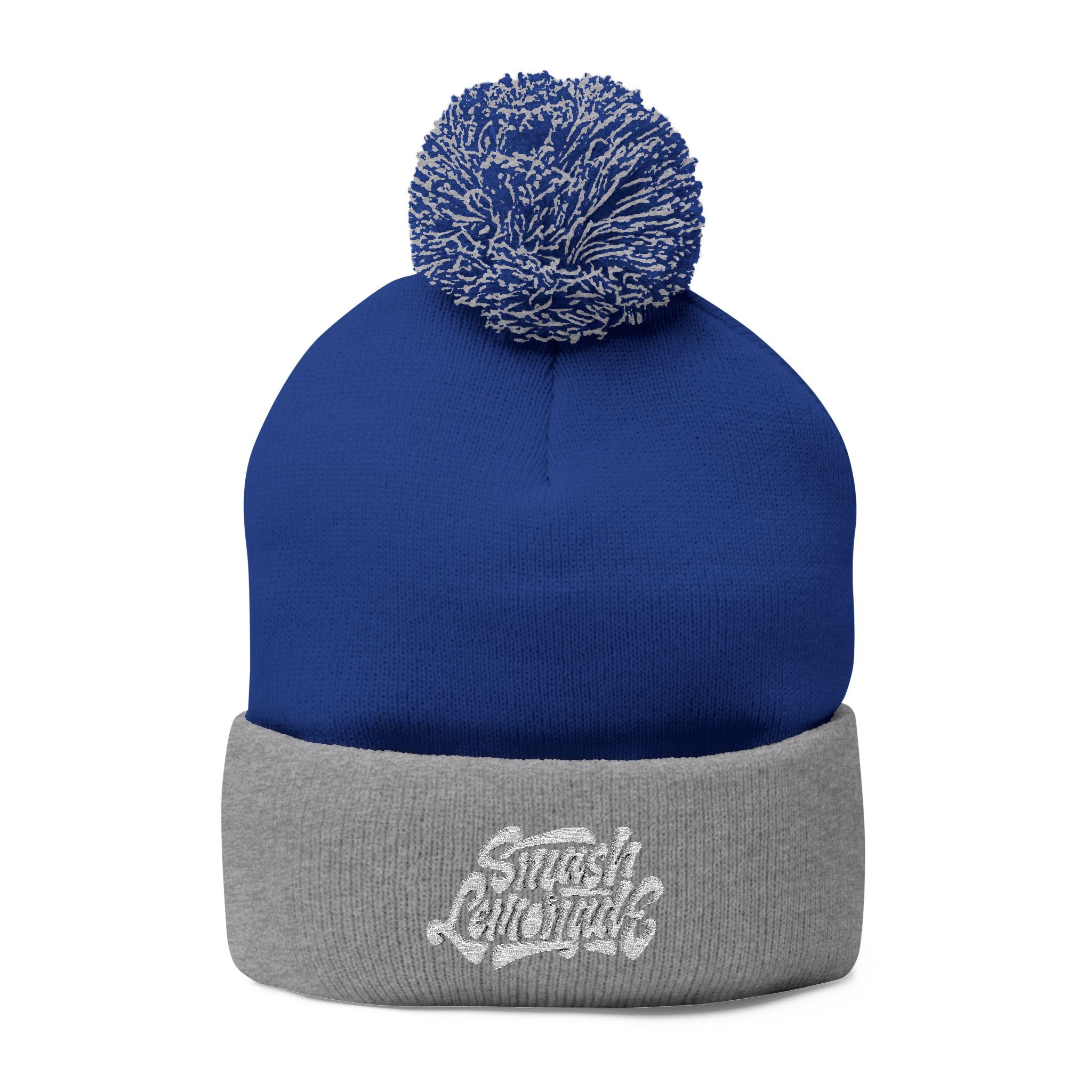 Embroidered Pom-Pom Knit Beanie — Cozy Winter Hat with Script Logo